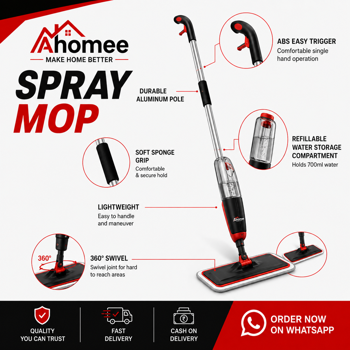 Ahomee Spray Mop – 360° Rotating Floor Cleaning Mop with Built-in Water Spray